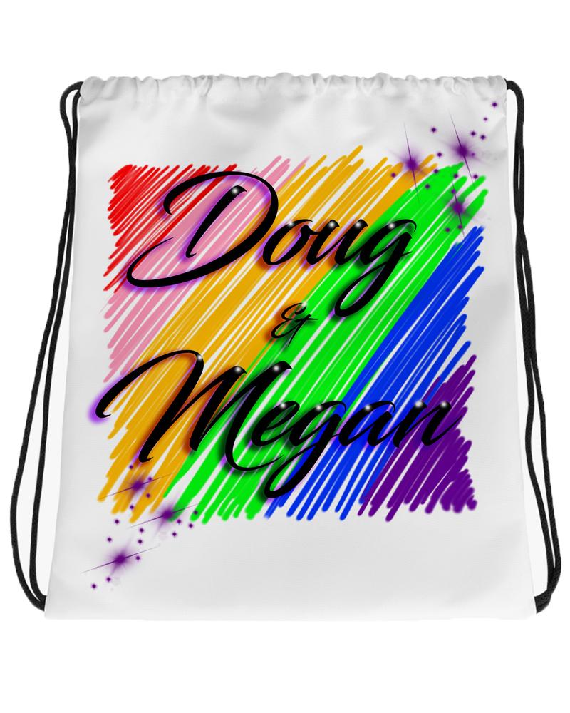 A001 Digitally Airbrush Painted Personalized Custom Rainbow Name Writing Color Party Design Gift  Drawstring Backpack