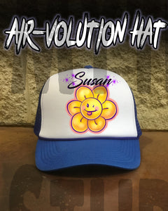B034 Personalized Airbrush Flower Smiley Snapback Trucker Hat Design Yours
