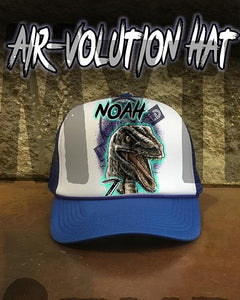 C078 custom personalized airbrush Blue Raptor Dinosaur Snapback Trucker Hat Design Yours