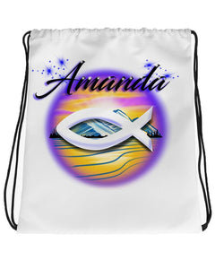 E001 Digitally Airbrush Painted Personalized Custom Jesus Fish symbol Drawstring Backpack Mountain Scene Colorful Landscape party Christian Theme gift