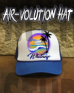 E004 Personalized Airbrush Beach Scene Snapback Trucker Hat Design Yours