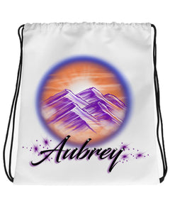 E006 Digitally Airbrush Painted Personalized Custom Mountain Water Scene Drawstring Backpack Colorful Landscape party Couples Theme gift Bday