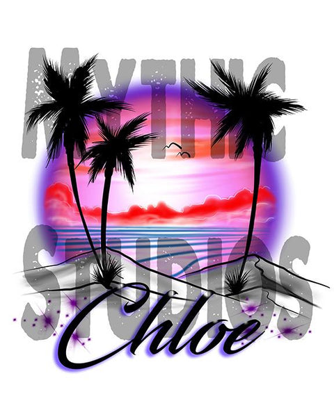 E009 custom personalized airbrush Sunset Beach Water Scene Hoodie Sweatshirt Palm tree Design Yours