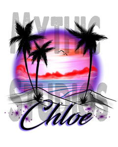 E009 Personalized Airbrush Sunset Beach Landscape Snapback Trucker Hat Design Yours