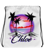 E009 Digitally Airbrush Painted Personalized Custom Sunset Beach Water Scene Drawstring Backpack Colorful Palm tree Landscape party Couples Theme gift
