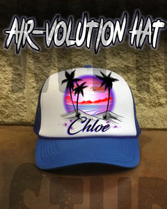 E009 Personalized Airbrush Sunset Beach Landscape Snapback Trucker Hat Design Yours