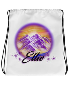 E010 Digitally Airbrush Painted Personalized Custom Mountain Water Scene Drawstring Backpack sunset Colorful Landscape party Couples Theme gift bday