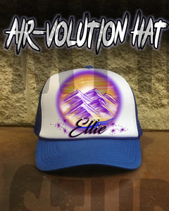 E010 Personalized Airbrush Mountain Scene Snapback Trucker Hat Design Yours