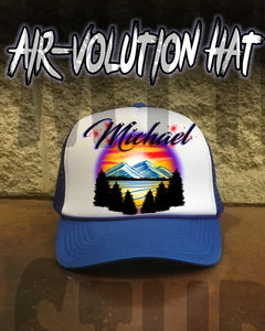 E013 Personalized Airbrush Mountain Landscape Snapback Trucker Hat Design Yours