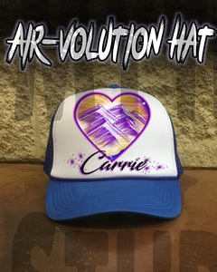 E016 Personalized Airbrush Heart Mountain Landscape Snapback Trucker Hat Design Yours