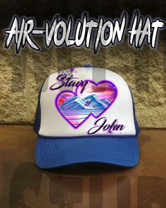 E019 Personalized Airbrush Hearts Mountain Landscape Snapback Trucker Hat Design Yours