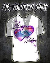 E019 custom personalized airbrush Hearts Mountain sunset Scene Tee Shirt Design Yours