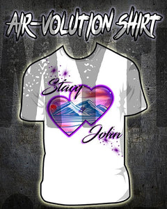 E019 custom personalized airbrush Hearts Mountain sunset Scene Tee Shirt Design Yours