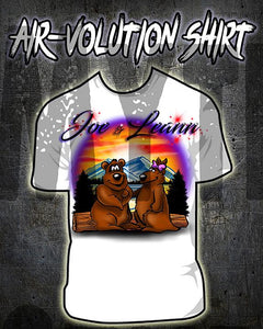 E020 custom personalized airbrushed Bears Mountain sunset Scene Tee Shirt Design Yours