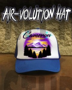 E023 Personalized Airbrush Mountain Sunset Landscape Snapback Trucker Hat Design Yours