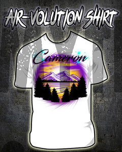 E023 custom personalized airbrush Mountains sunset Trees Scene Tee Shirt Design Yours