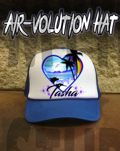 E024 Personalized Airbrush Dolphins Heart Landscape Snapback Trucker Hat Design Yours