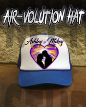 E027 Personalized Airbrush Couple Silhouette Heart Landscape Snapback Trucker Hat Design Yours