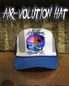 E031 Personalized Airbrush Beach Wave Scene Snapback Trucker Hat Design Yours