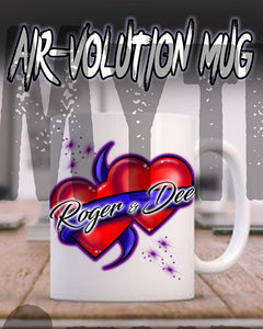 F001 Custom Airbrush Personalized Hearts and Ribbon Ceramic Coffee Mug Design Yours