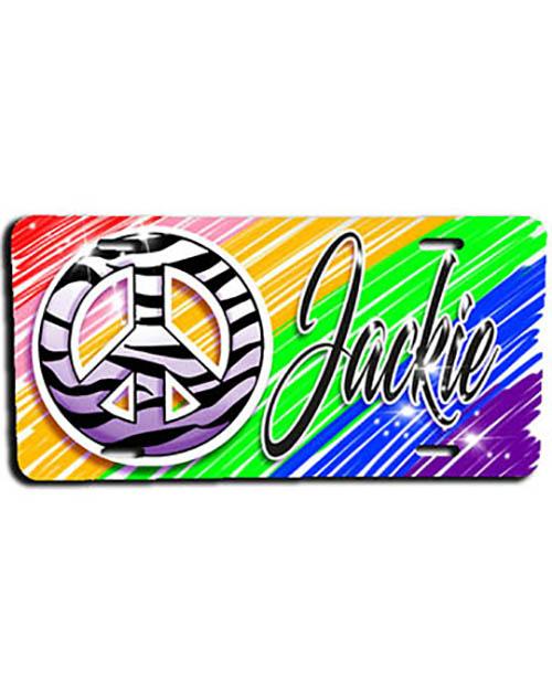 F026 Custom Airbrush Personalized Zebra Peace Sign License Plate Tag Design Yours