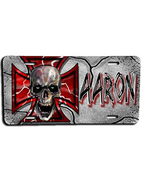 H007 Custom Airbrush Personalized Wicked Skull Maltese Cross License Plate Tag Design Yours