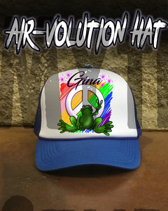 I009 Personalized Airbrush Peace Frog Snapback Trucker Hat Design Yours